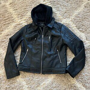 Hooded Motorcycle Faux Leather Jacket - Size XL - New With Tags
